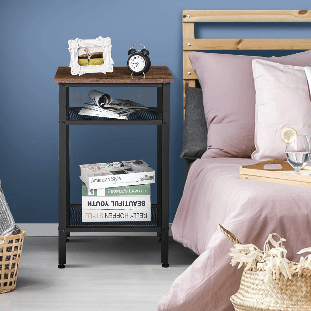 Nightstand End Table Sturdy Matte-Black Steel Frame Anti-Scratch and Rust-Free Tall Wood Accent End Tables for Bedroom Living Room