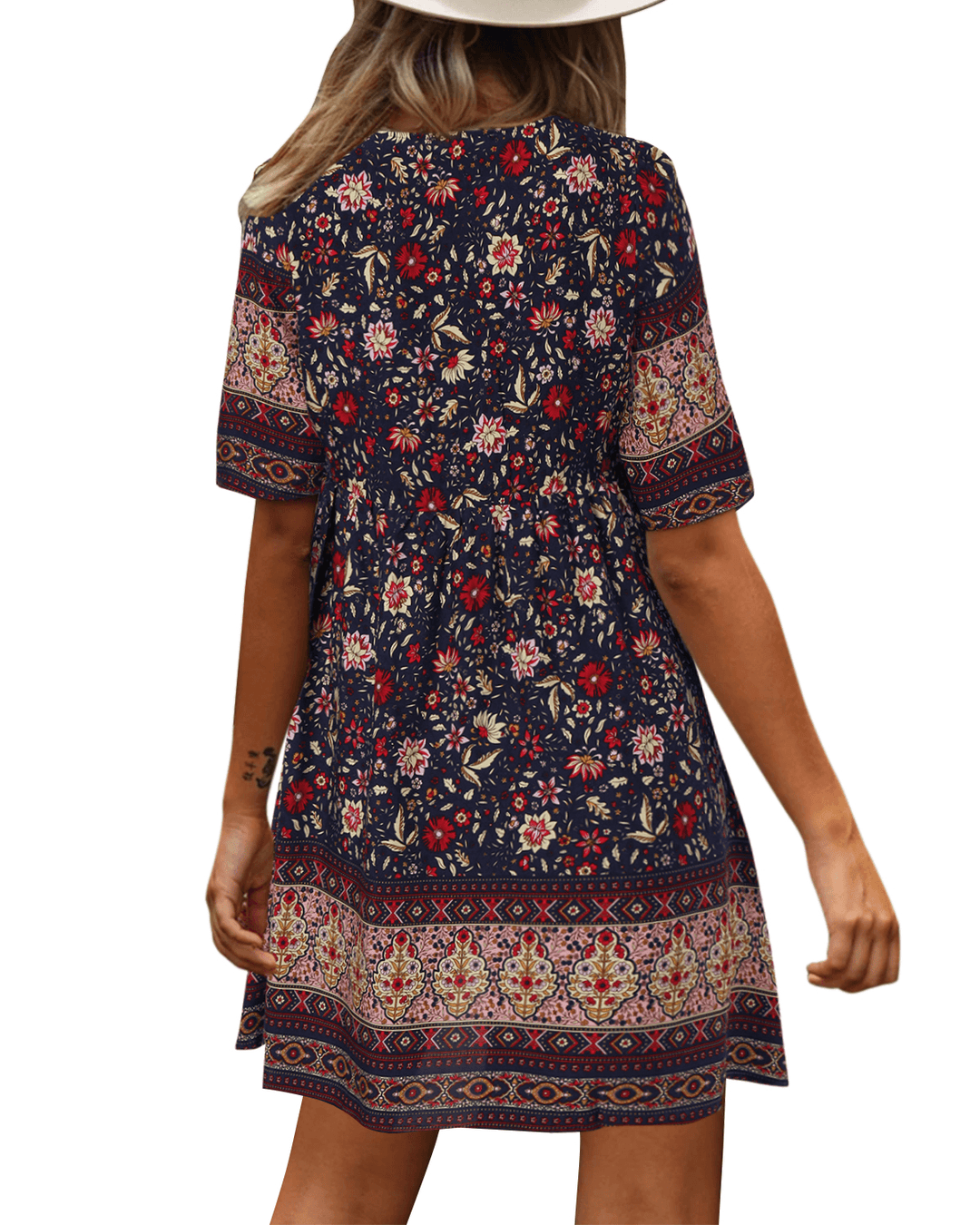 Bohemian Floral Print V-Neck Short Sleeve Mini Dress