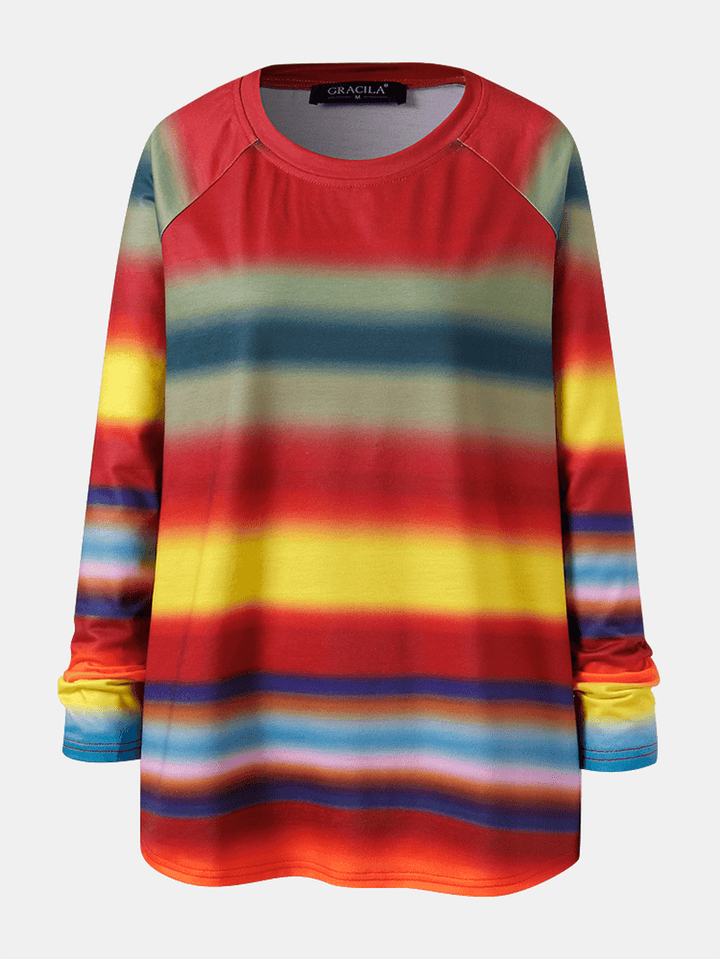 Women Multi Color Ombre Striped O-Neck Raglan Sleeve Casual Sweatshirts