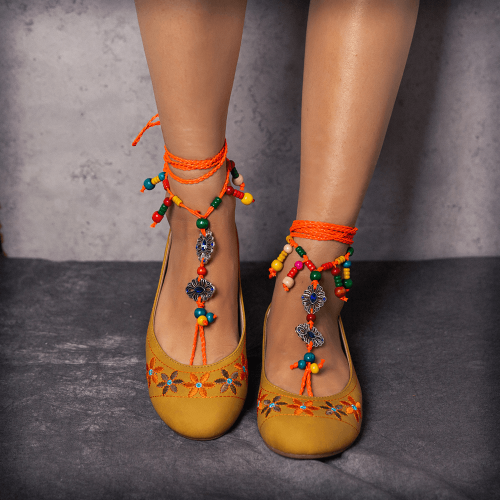 LOSTISY Exotic Style Embroidered Beaded Chain Yellow Casual Bohemia Flats - MRSLM