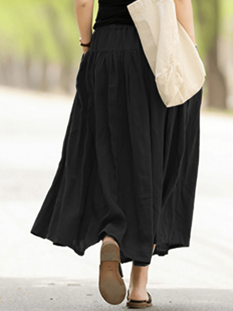 Casual Solid Elastic Waist Pleated Spliced Cotton Skirt for Women