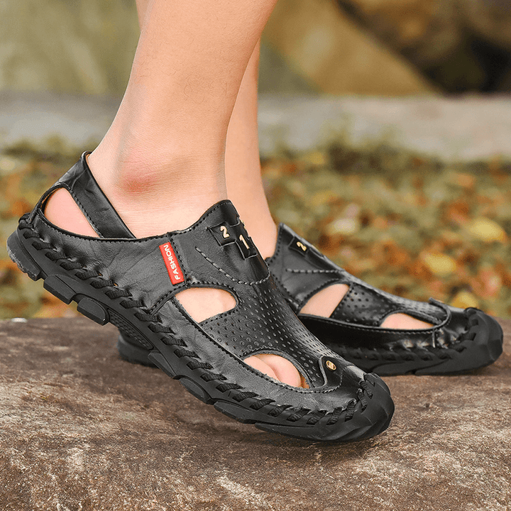 Men'S Leather Casual Breathable Foldable Thick Bottom Outdoor Non-Slip Beach Shoes