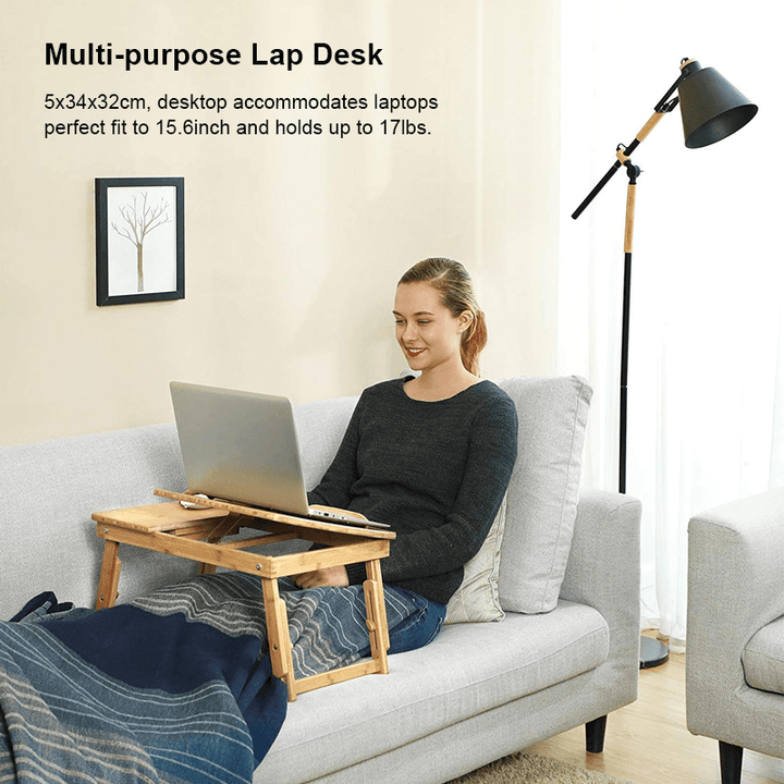 Multi Function Lapdesk Table Bed Tray Folding Adjustable Table Tilting Top with Storage Drawer Bamboo Wood