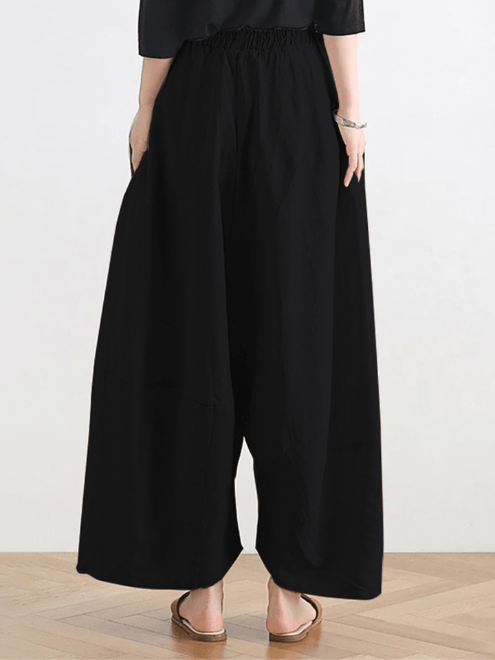 Women Solid Color Patchwork Elastic Waist Casual Wide Leg Pants with Side Pockets