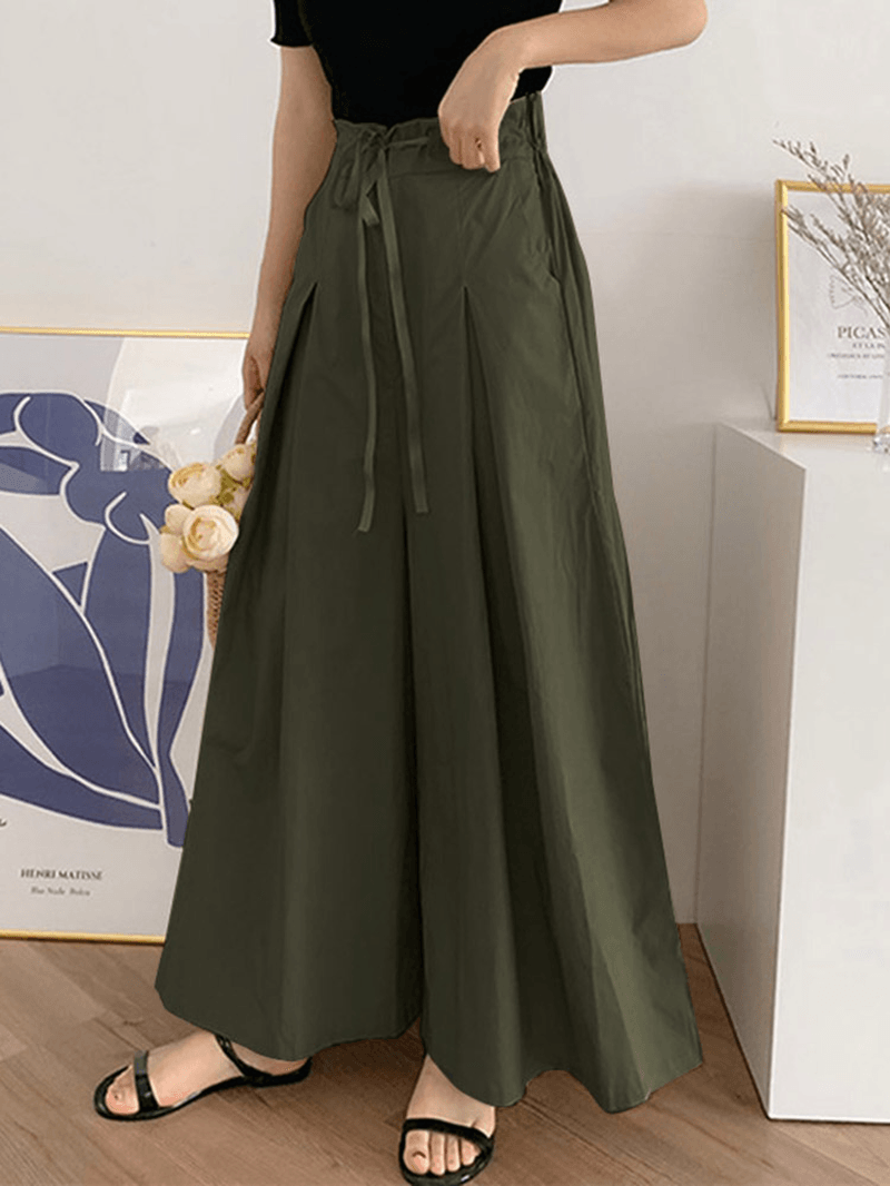 Women Drawstring Waist Loose Solid Color Casual Wide Leg Pants with Pocket