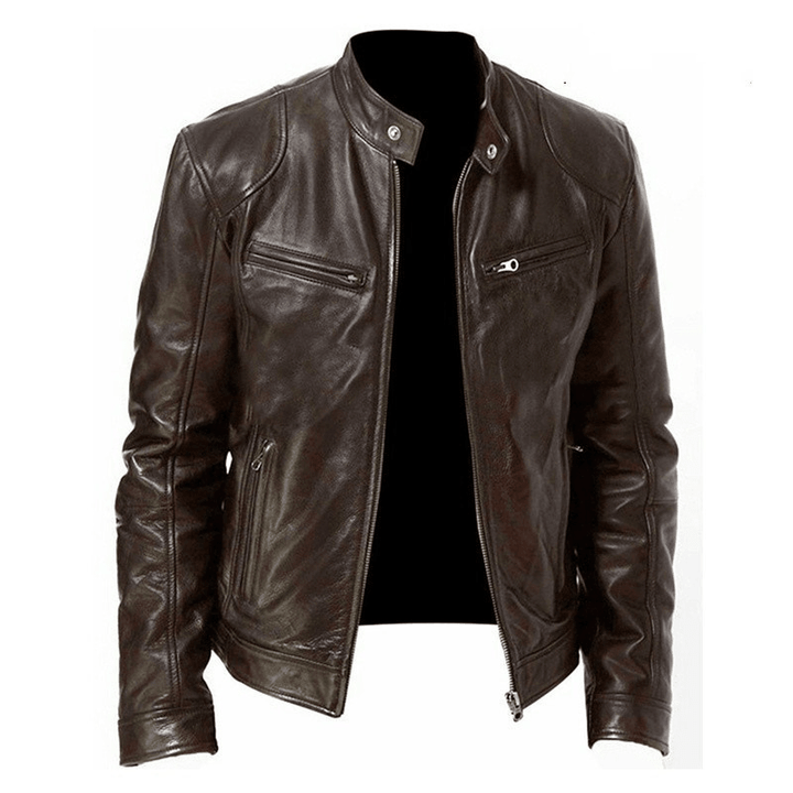 Men'S Zip Cardigan PU Leather Jacket with Stand Collar