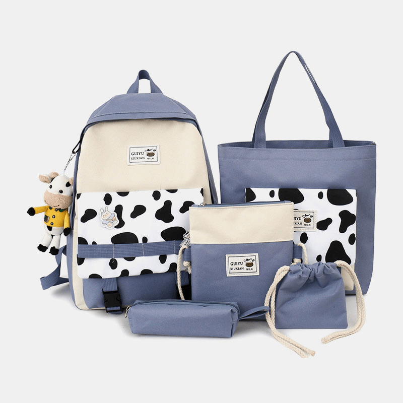 5 PCS Canvas Preppy Cow Pattern Multifunction Combination Bag Backpack Tote Crossbody Bag Clutch Wallet - MRSLM