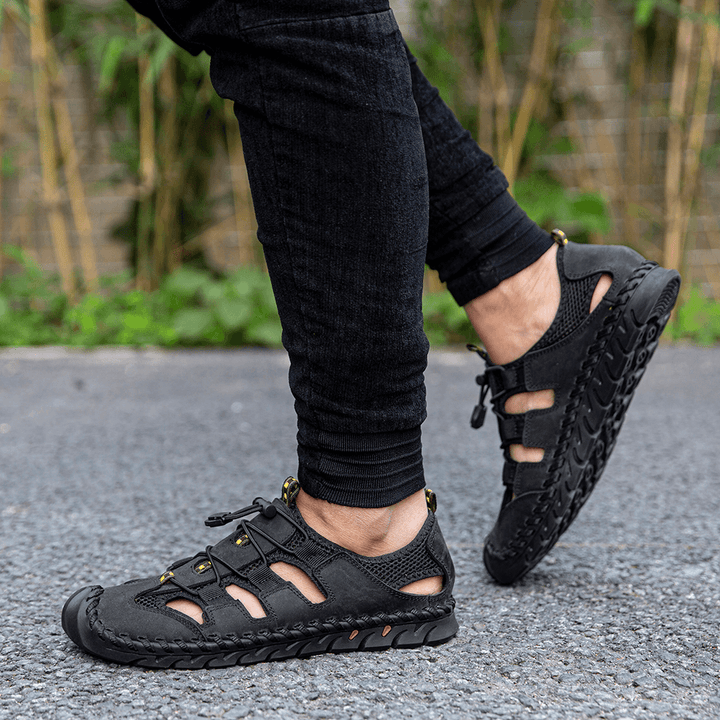 Menico Men Leather Mesh Splicing Non Slip Casual Hand Stitching Sandals