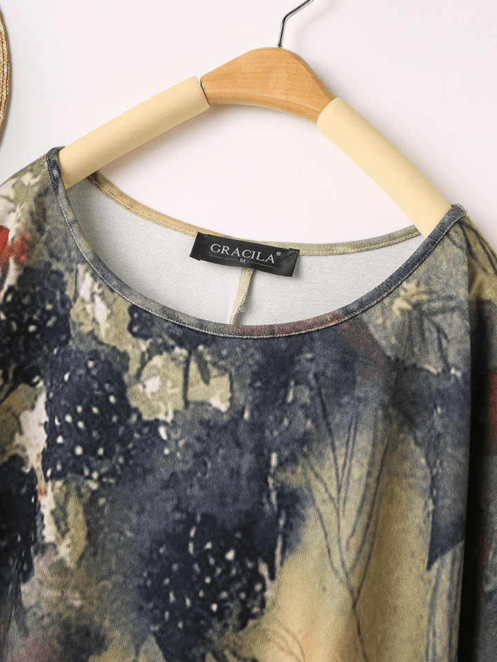 Women Vintage Painting Print O-Neck Casual Loose Long Sleeve Blouse