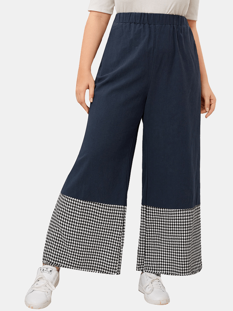 Women Houndstooth Patchwork Loose Casual Elastic Mid Waist Wide Leg Pants