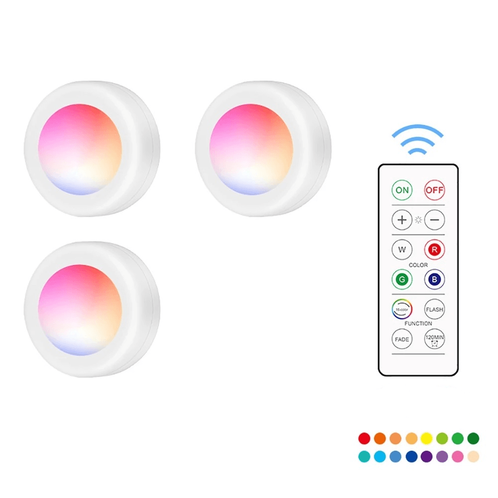 3Pcs RGB 16 Color LED Press Night Atmosphere Pat Light Timing Wireless Remote Control Touch AAA Battery Powered Cabinet Light