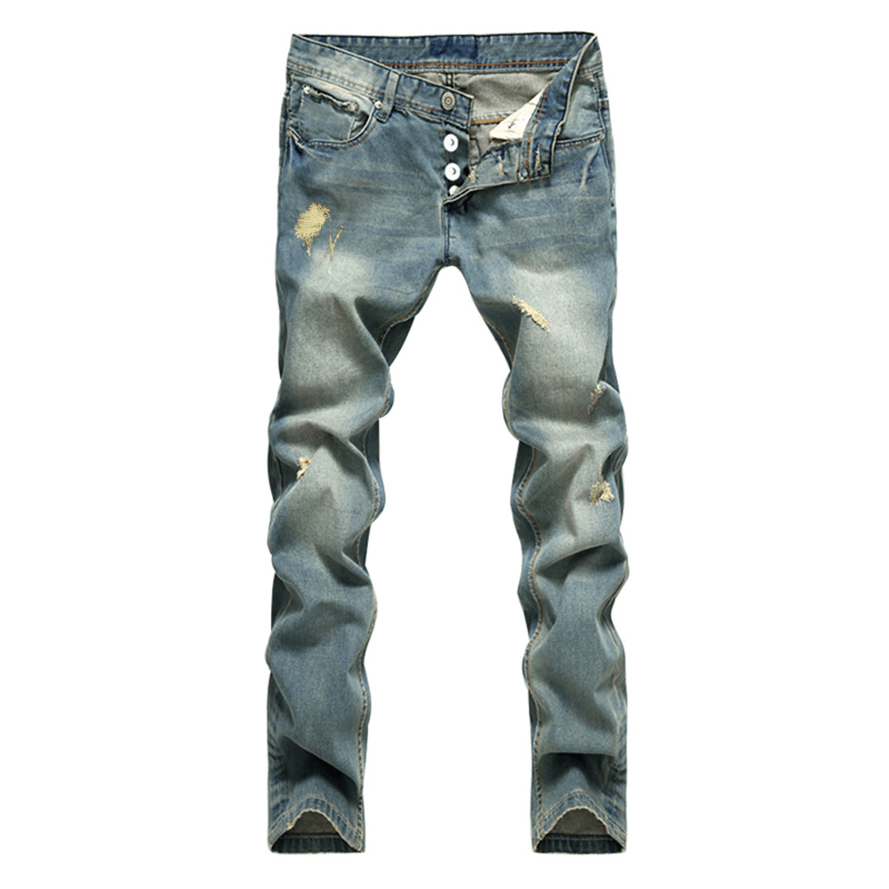 Straight Light-Colored Nostalgic Button Hole Men'S Denim Trousers