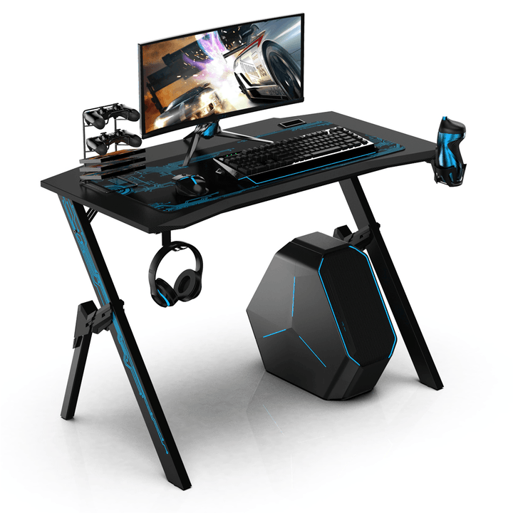 43.3" Gaming Computer Desk Black Gamer Table with Cable Management Box Cup Holder Headphone Hook & Mouse Pad for Home Office