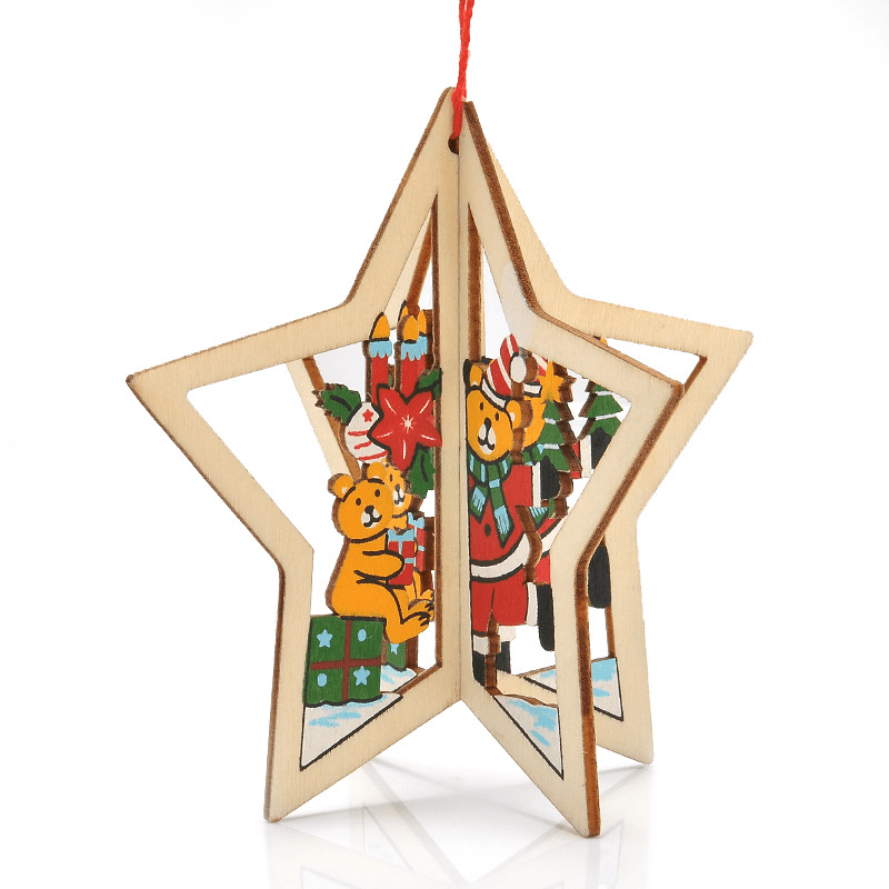 Christmas 3D Wooden Pendant Star Bell Tree Hang Ornaments Home Party Decorations Kids Gifts