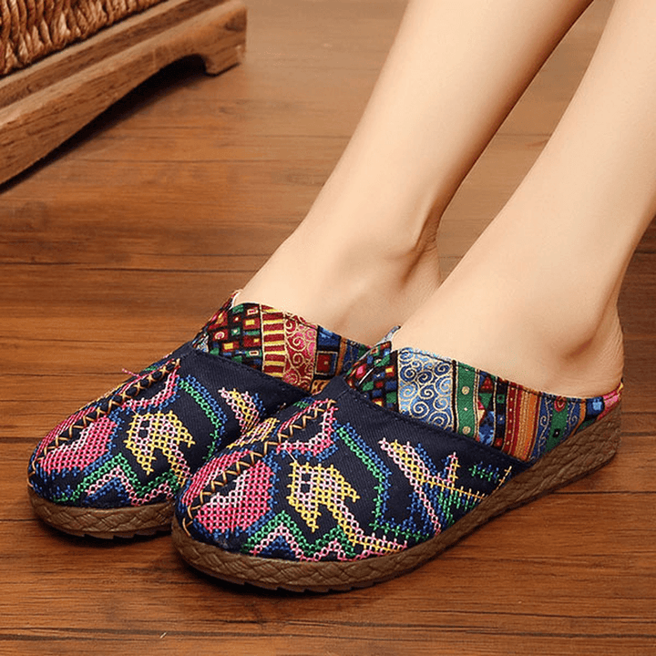 Women Flax Casual Outdoor Embroidery Flat Slipper Shoes