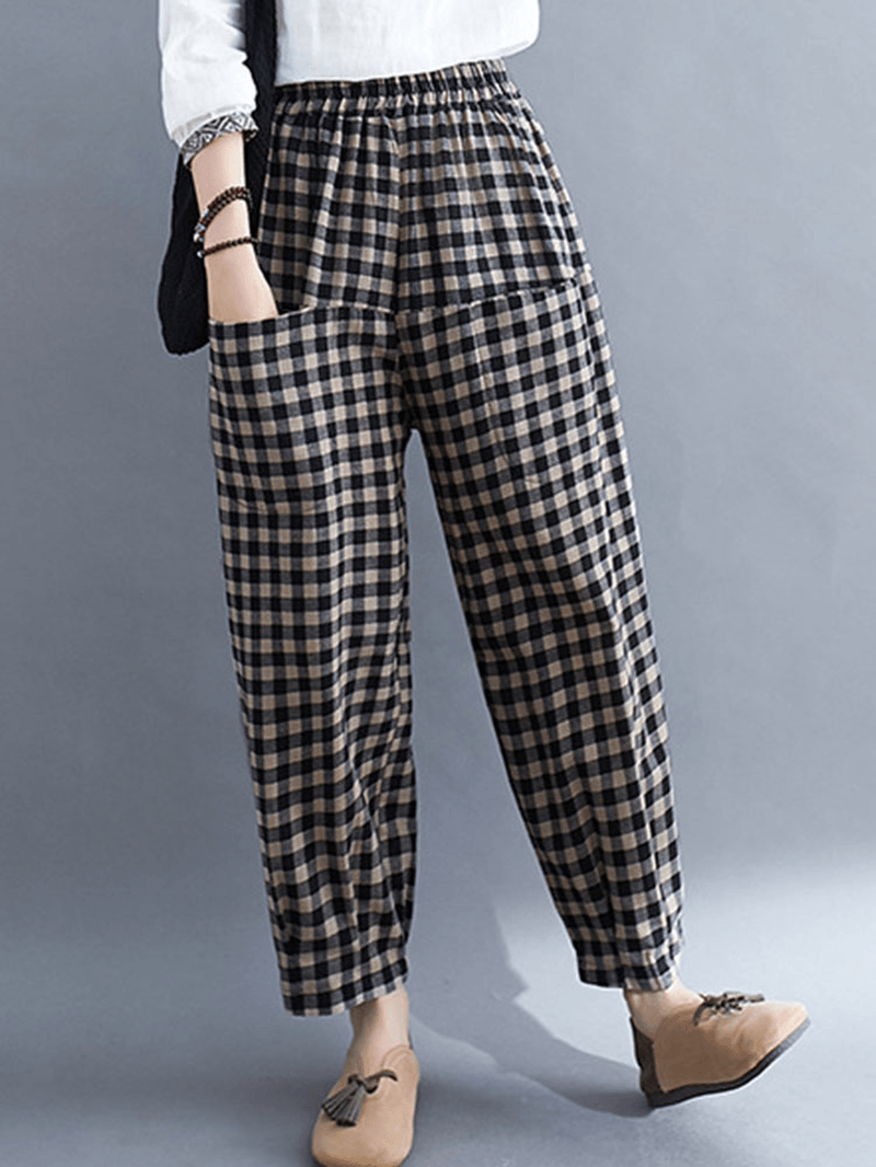 Women Vintage Plaid Wide-Legged Elastic High Waist Side Pocket Ankle Length Harem Pants