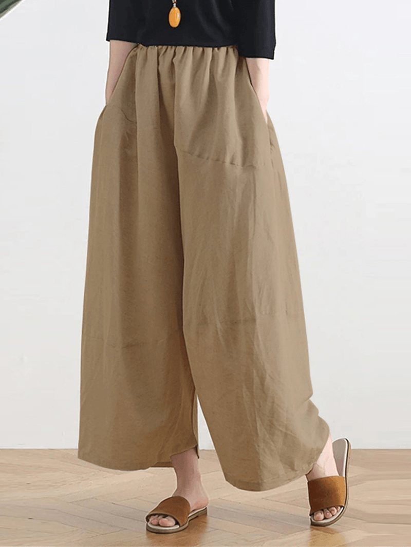 Women Solid Color Patchwork Elastic Waist Casual Wide Leg Pants with Side Pockets