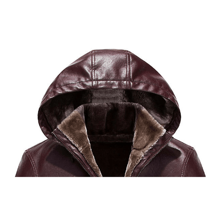 Mens Fashion PU Zipper Windproof Hooded Warm Jacket