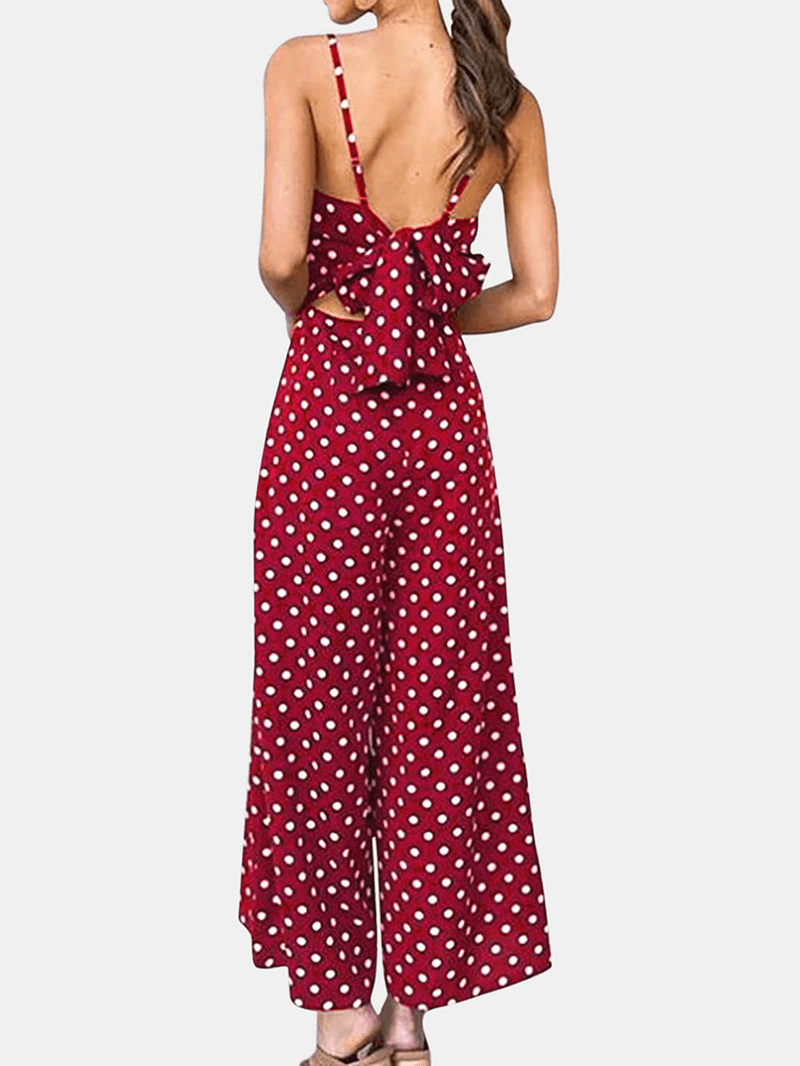 Women Polka Dot Spaghetti Strap Long Rompers Wide Leg Jumpsuit