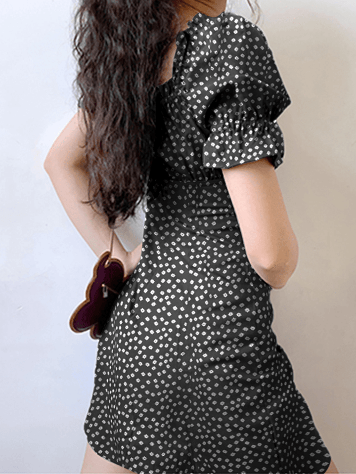 Floral Print Square Collar Pleating Short Sleeve Mini Dress