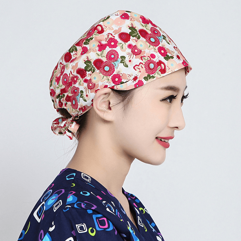 Women Flower Print Cotton Surgical Cap Doctor Nurse Work Hat