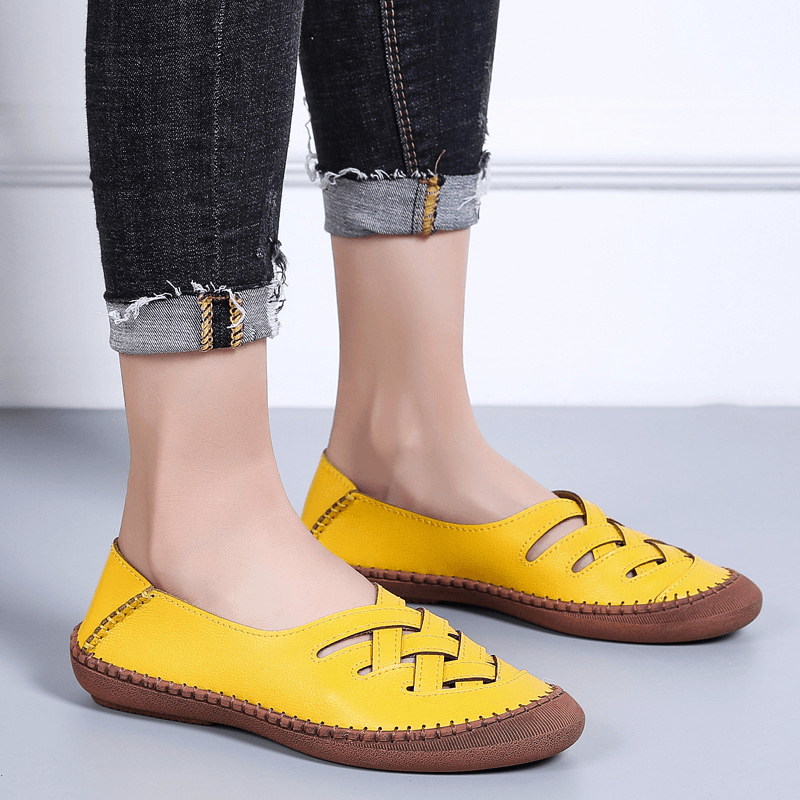 Women Genuine Leather Breathable plus Size Hollow Spring Casual Flats Loafers