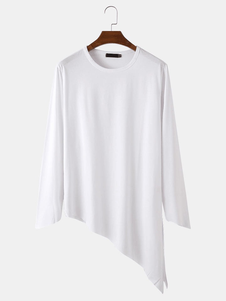 Mens Solid Color round Neck Long Sleeve Asymmetrical Hem Simple T-Shirts