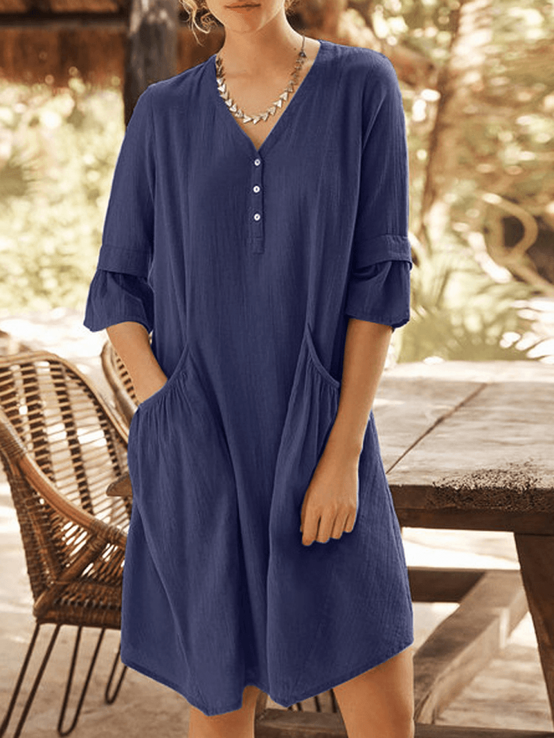 Casual Solid Color Cotton Half Bell Sleeve V-Neck Button Dress with Pocket