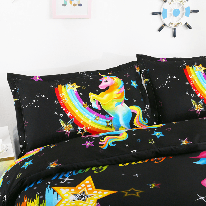 3 PCS Bedding Sets 3D Animal Unicorn Printing Quilt Cover Pillowcase for Queen Size