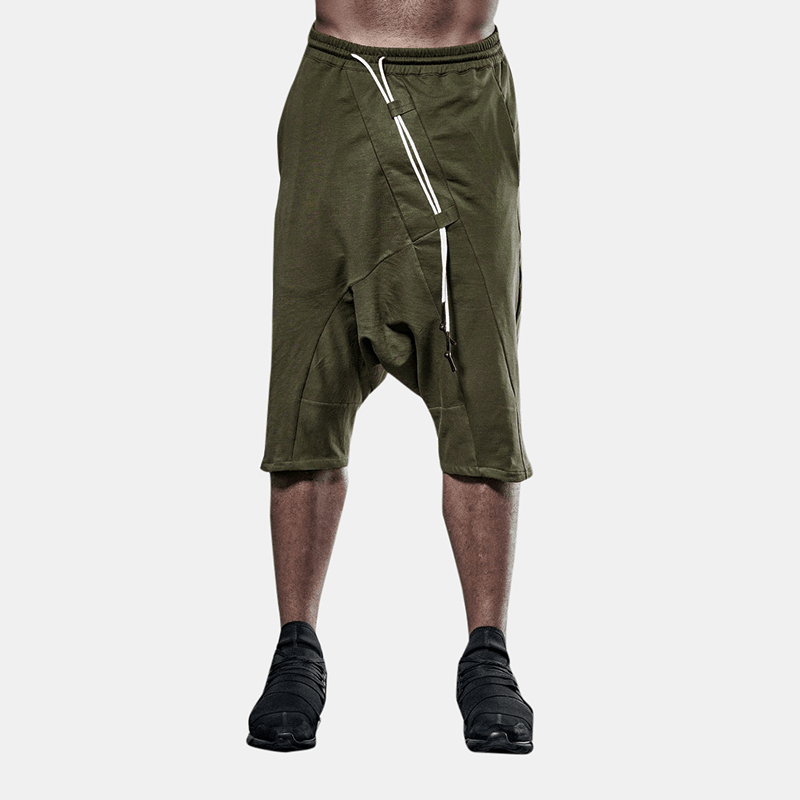 Men'S Army Green Cotton Shorts Drop Crotch Pants