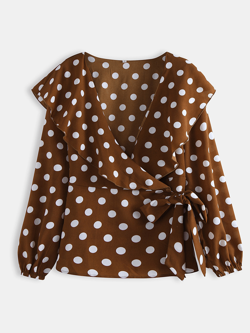 Polka Dot Print V-Neck Long Sleeve Causal Blouse