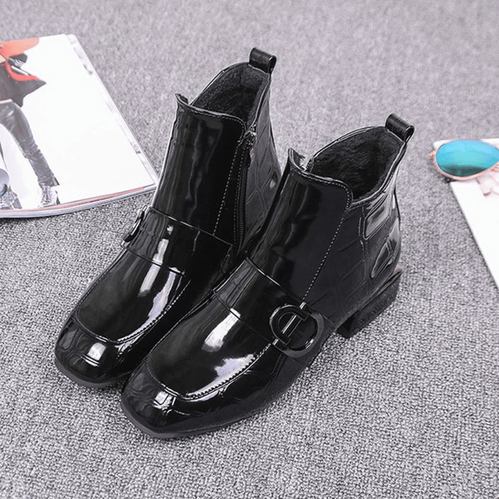 Women Chic Embossed Patent Buckle Zipper Ankle Boots