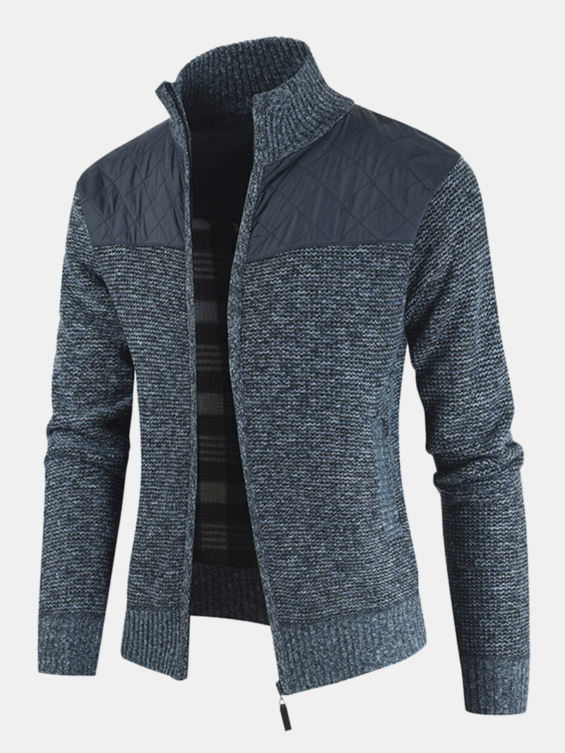 Mens Patchwork Zip Front Stand Collar Knit Casual Cardigans with Pocket