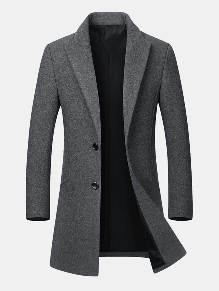 Mens Business Casual Woolen Trench Coat Mid-Long Single Breasted Slim Fit Coat