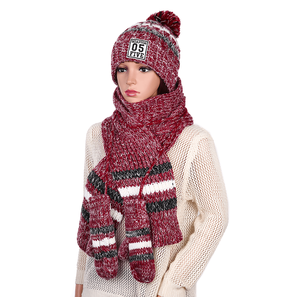 Women'S Chic Full Handmade Knitting Three-Piece Set Warm Thickened Christmas Knit Hat Scarf Gloves - MRSLM