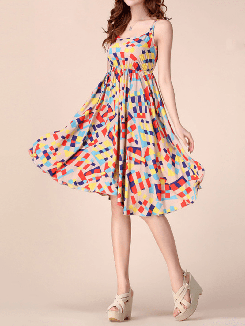 Bohemian Women Strap Flower Pattern Printing Beach A-Line Dress