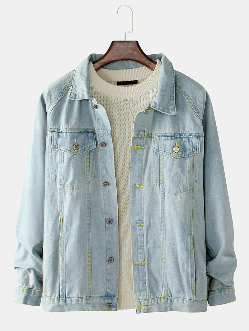 Mens Blue Lapel Pocket Long Sleeve Vintage Denim Jacket