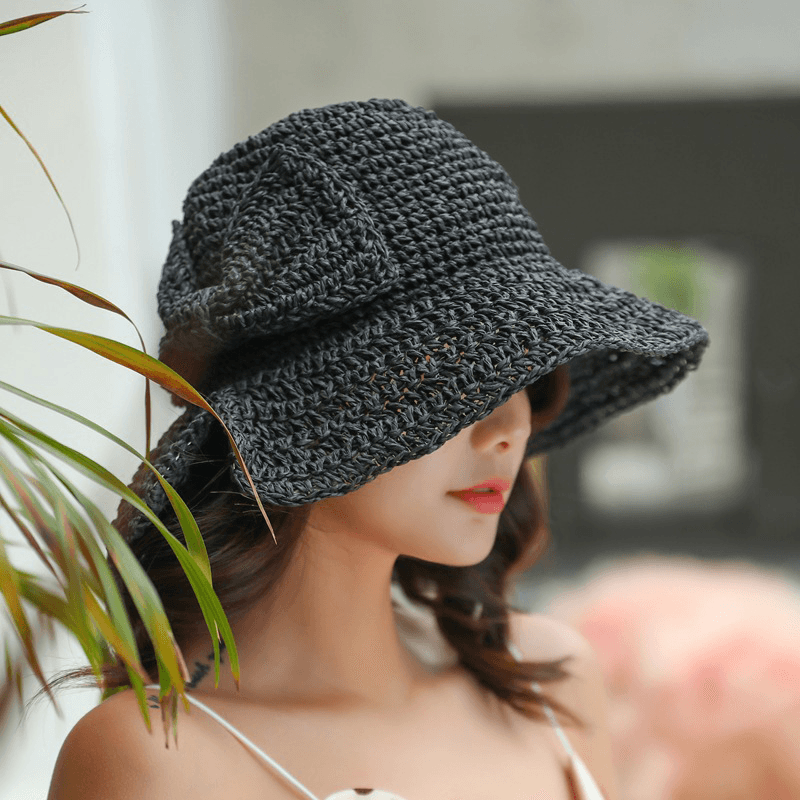 Female Foldable Bowknot Decoration Casual Breathable Small Brim Sunscreen Sun Hat Straw Hat Bucket Hat - MRSLM