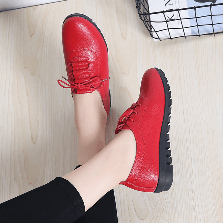 Women Non-Slip Solid Color Leather Lace-Up Soft Sole Flats