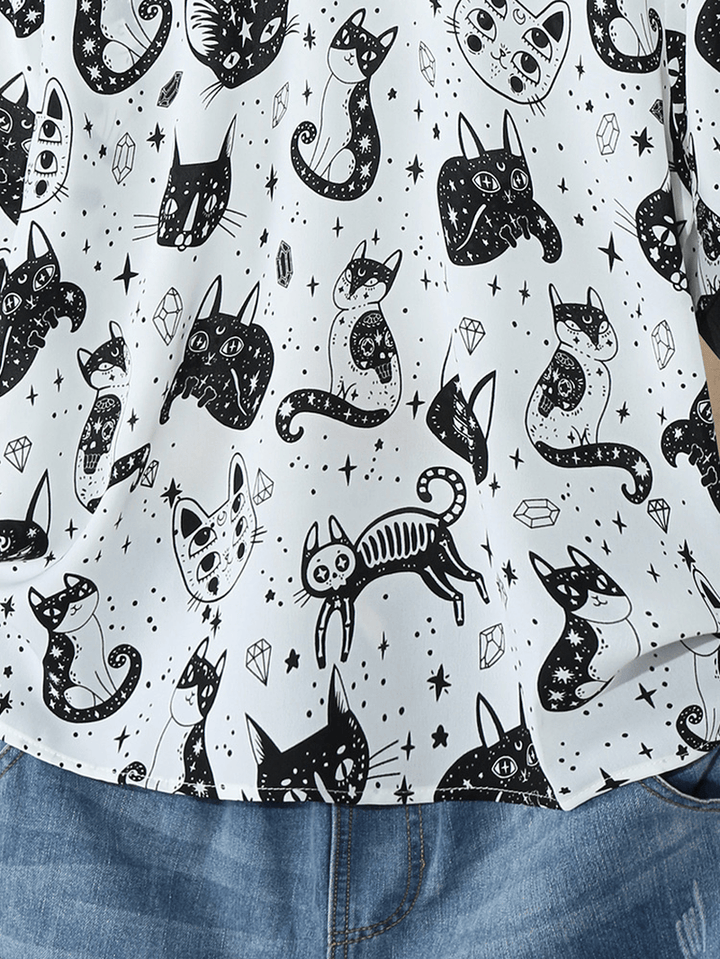 Cold Shoulder Cat Print Blouse