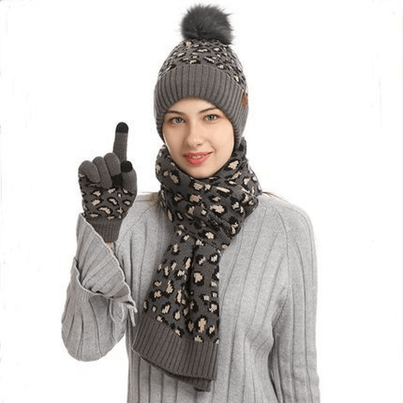 Winter Leopard Print Warm Knitted Wool Hat Scarf Gloves Three Piece Set