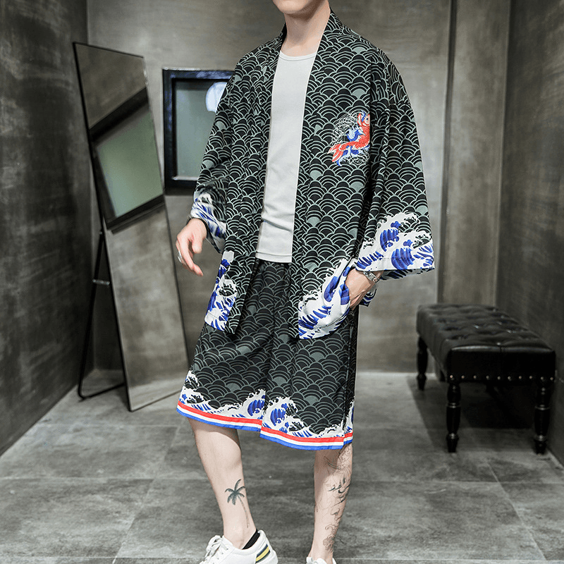 Men'S New Style Men'S Fashion Trend Chinese Style Yunxiao Red Carp Waves Kimono Cardigan Cloak Men