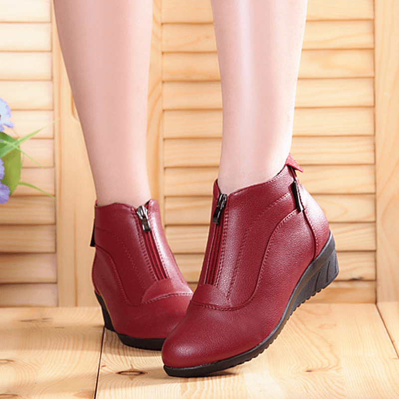 Front Zipper Wedges Fur Lining Casual Leather Boots