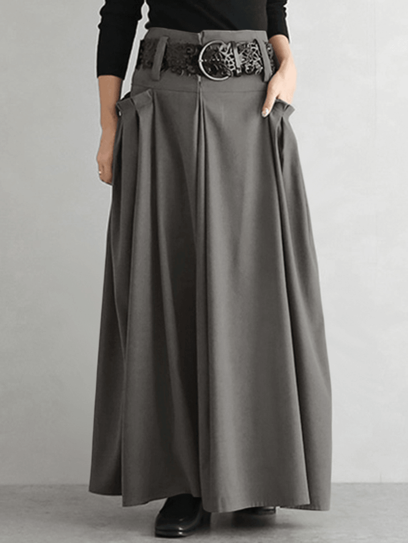 Women Solid Side Pockets Lace-Up Party A-Line Skirt with Back Zipper