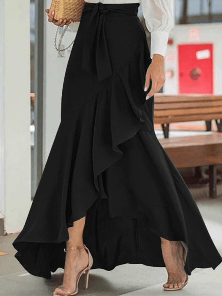 Women's Solid Color High Waist Ruffle High Low Hem Swing Maxi Skirts for Fashionable Style