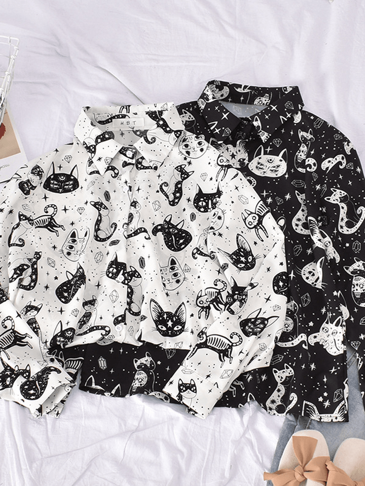 Women Casual Cartoon Cat Funny Print Turn-Down Collar Long Sleeve Button Shirts