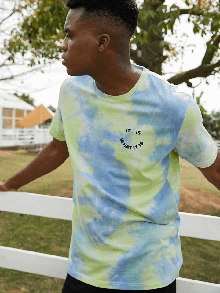 Mens Smile Letter Print Tie Dye Crew Neck Street T-Shirts