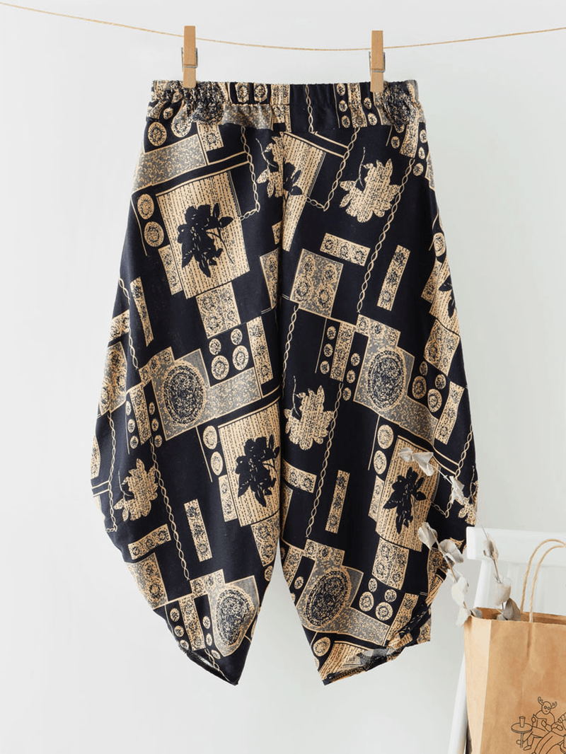 Ethnic Print Pocket Asymmetrical Elastic Waist Loose Casual Cropped Pants