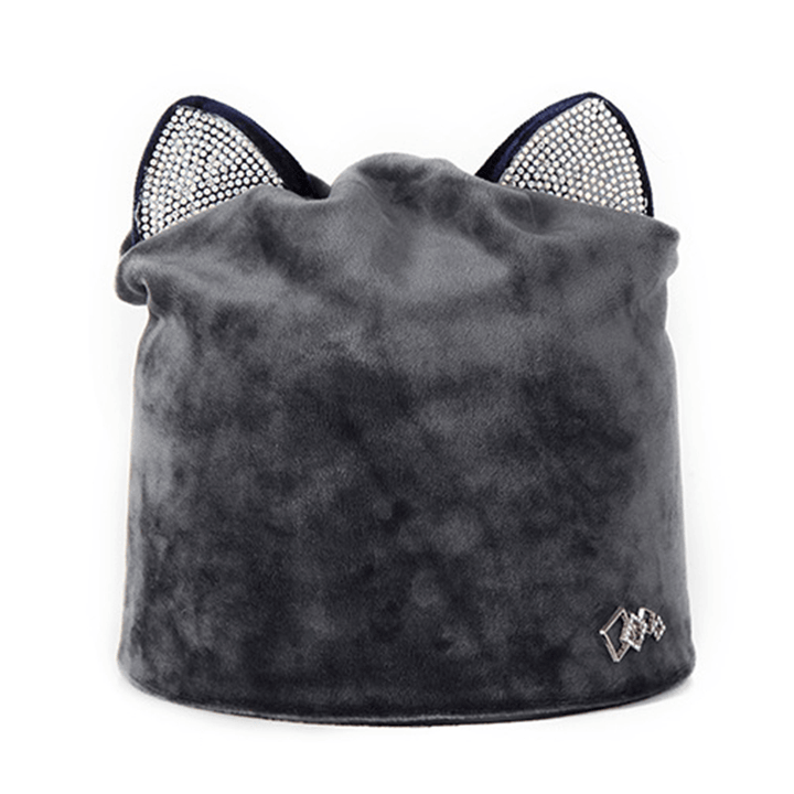 Women Velour Rhinestone Deco Cat Ear Windproof Beanie Cap - MRSLM