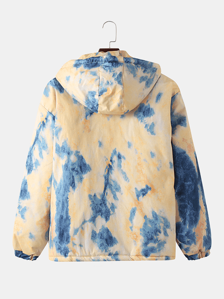 Mens Tie-Dye Double Flap Pockets Zipper Thick Loose Hooded Jacket